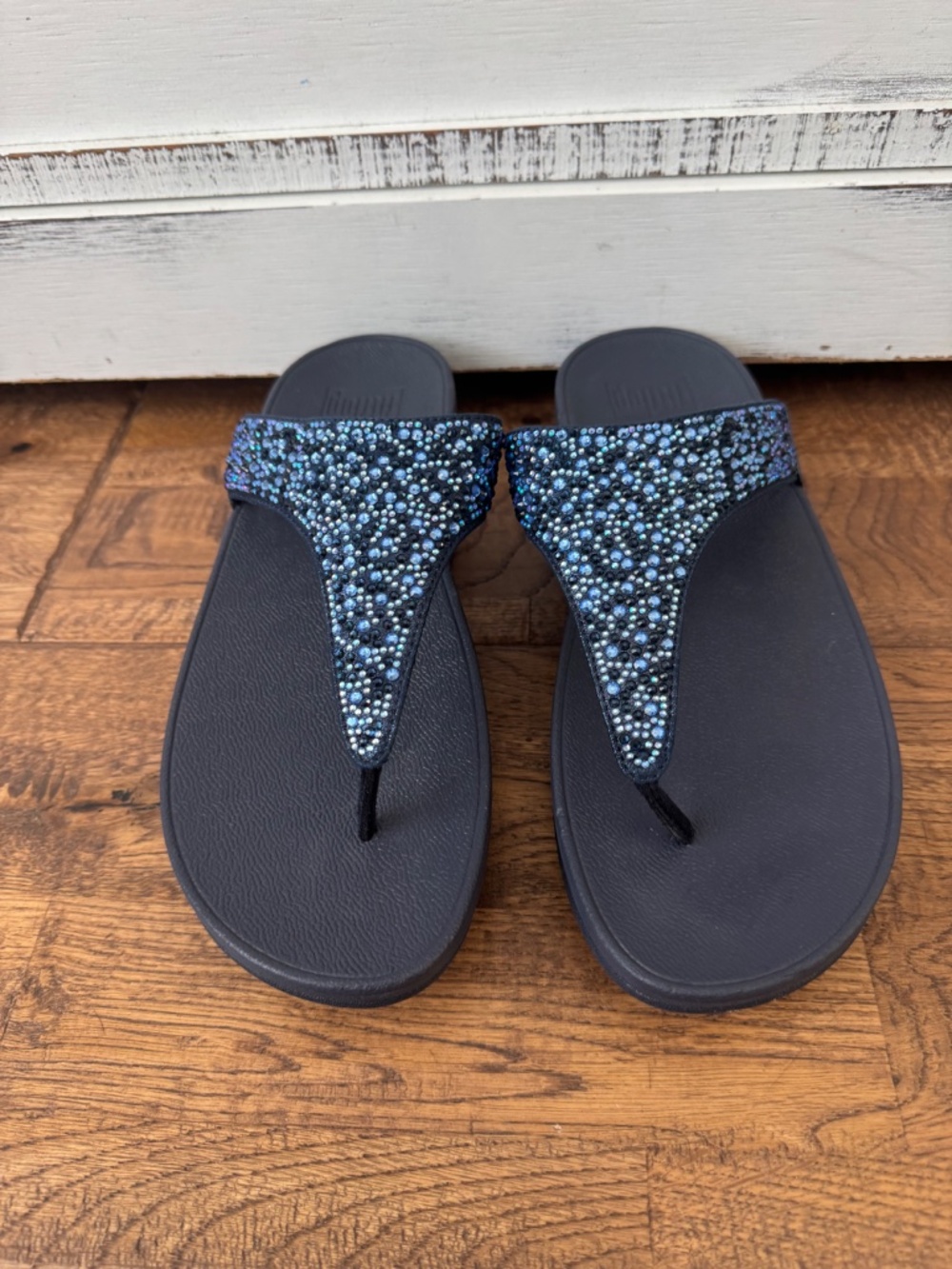 New FItFlop Lulu Crystal Mix Toe Post Sandal Midnight Navy Women's Size 10 - Picture 4 of 10